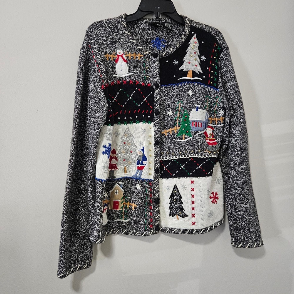 Erika Christmas Cardigan Sweater Womens XL Patchwork Santa‎ Snowman Ugly Holiday